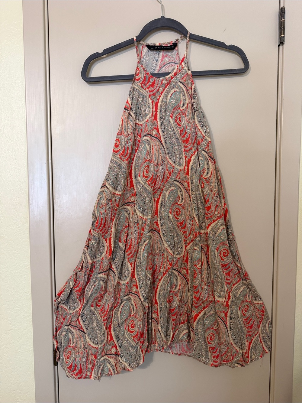 Zara Red and Gray Paisley Halter Mini Dress